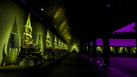 Row of Buddha statue in temple, Beautiful Golden Buddha statue in temple in the night view, Thailand cultureの写真素材