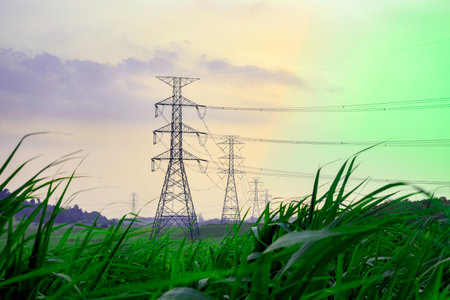 High voltage electricity distribution pole with trees shadow at sunset, electric supply transmission...