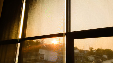 Blind window interior living room design, Curtain roller decorate to protect sunlight in afternoonの写真素材