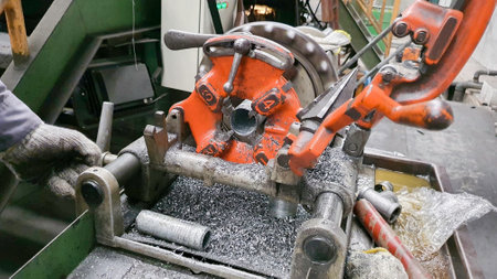 Steel pipe cutting and threading machine for plumbing work in factory, metal technology...