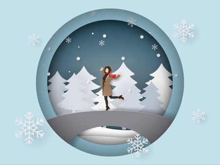 Paper art and craft style of winter season, A happy woman wearing clothes and scarf standing on the bridge with snowingのイラスト素材