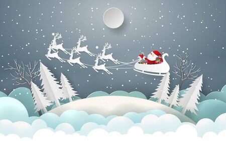 Paper art, Craft style of Santa Claus and reindeer flying on the sky to give children a gift, Merry Christmas and Happy New Yearのイラスト素材