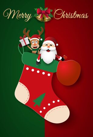 Paper art, Craft style of Christmas Sock with Santa Claus and Reindeer, Merry Christmas and Happy New Yearのイラスト素材
