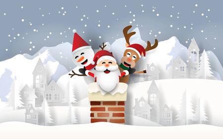 Paper art of Santa Claus, Snowman and Reindeer at the chimney in village with snow mountain background, Merry Christmas and Happy New Yearのイラスト素材