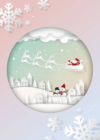 Paper art, Craft style of Santa Claus in the village with snowman, Merry Christmas and Happy New Yearのイラスト素材
