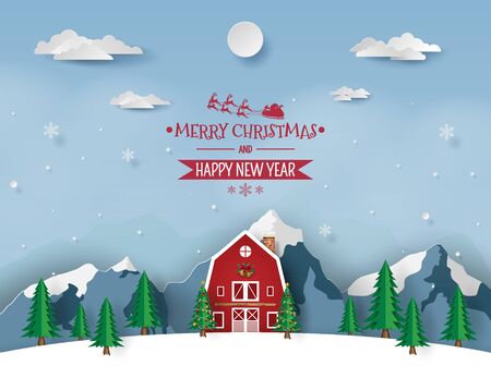 Paper art, Craft style of Red house in snow mountain, Merry Christmas and Happy New Yearのイラスト素材