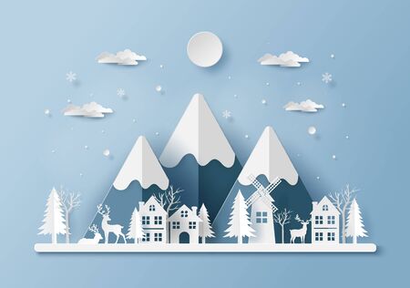 Paper art, Craft style of Reindeer in the village, Merry Christmas and Happy New Yearのイラスト素材
