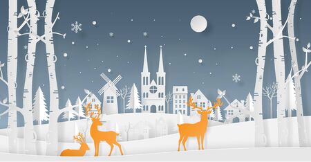 Paper art, Craft style of Reindeer in the forest near town in winter season, Merry Christmas and Happy New Yearのイラスト素材