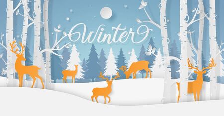 Paper art, Craft style of Reindeer in the forest, Merry Christmas and Happy New Yearのイラスト素材