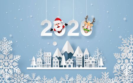 Origami paper art of Urban Countryside Landscape in winter season, Merry Christmas and Happy New...