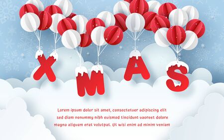 Origami Paper art of Postcard XMAS with balloon on the sky, Merry Christmas and Happy New Yearのイラスト素材