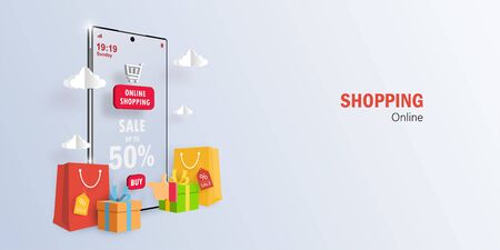 Digital marketing concept Online Shopping on Smartphone application, Banner background with copy spaceのイラスト素材