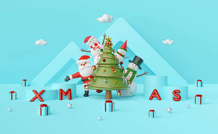 Merry Christmas and Happy New Year, Santa Claus and Snowman at Christmas tree with podium on a blue background, 3d renderingの写真素材