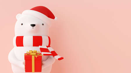 Merry Christmas and Happy New Year, Banner of Christmas character bear wearing red hat and holding...