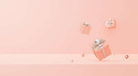 Minimal scene of pastel color gifts box with silver ribbon on a pink background with copy space, 3d...