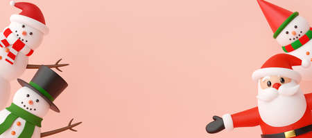 Merry Christmas and Happy New Year, Christmas banner of Santa Claus and Snowman on a pink background with copy space, 3d renderingの写真素材