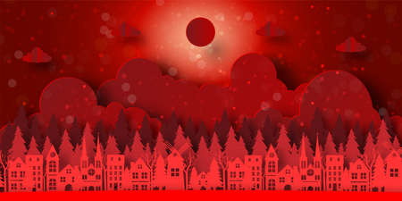 Merry Christmas and Happy New Year, Red background banner of town with pine forestのイラスト素材