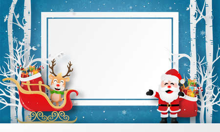 Merry Christmas and Happy New Year, Paper art of Santa Claus and reindeer with copy spaceのイラスト素材
