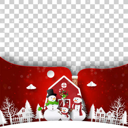 Christmas postcard of Christmas red house with snowman, Blank space for your text or photoのイラスト素材