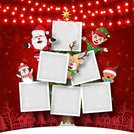 Merry Christmas and Happy New Year, Christmas postcard of photo frame on Christmas tree with Santa Claus and friends, Paper art styleのイラスト素材