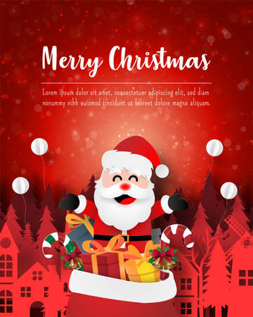Merry Christmas and Happy New Year, Christmas postcard of Santa Claus with gift bag in townのイラスト素材