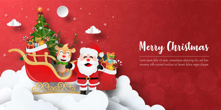 Merry Christmas and Happy New Year, Christmas banner postcard of Santa Claus and reindeer with sleigh full of giftsのイラスト素材