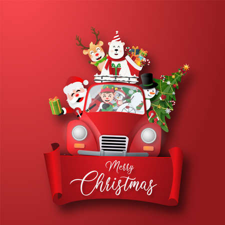 Origami Paper art of Christmas character and Christmas tree with red label, Merry Christmas and Happy New Yearのイラスト素材