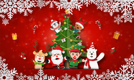 Santa Claus and friends with Christmas tree on Christmas postcard bannerのイラスト素材