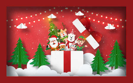 Christmas postcard banner background, Santa Claus and friends in gift boxのイラスト素材