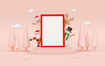 Merry Christmas and Happy New Year, Santa Claus and friends with blank frame for content, 3d renderingの写真素材