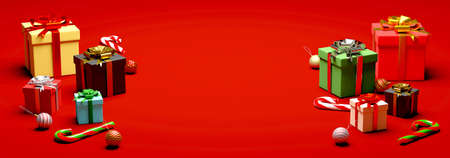 Christmas banner background of Christmas gifts and decoration, 3d renderingの写真素材