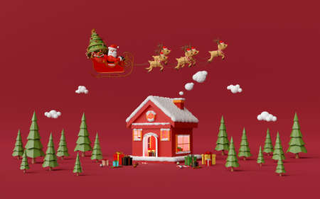 Merry Christmas and Happy New Year, Red house in the pine forest with Santa Claus, 3d renderingの写真素材