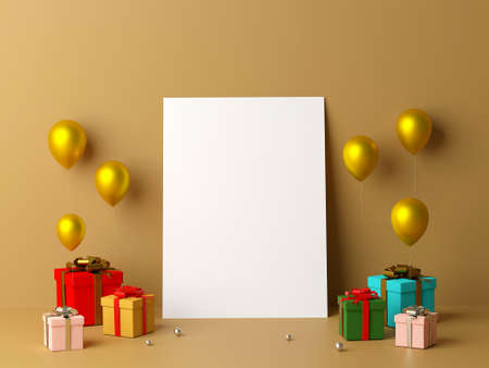 Scene of  blank white paper leaning the wall and gifts, 3d renderingの写真素材