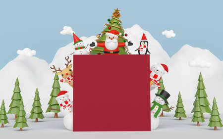 Merry Christmas and Happy New Year, Santa Claus and friend at the snow mountain with blank space, 3d...