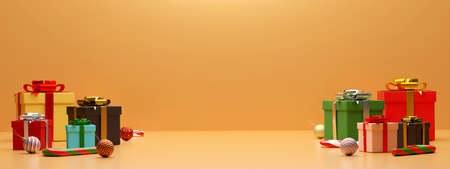 Christmas banner background of Christmas gifts and decoration, 3d renderingの写真素材