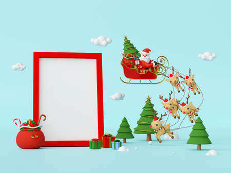 Scene of Santa Claus on a sleigh full of Christmas gifts and pulled by reindeer with blank space in frame, 3d renderingの写真素材