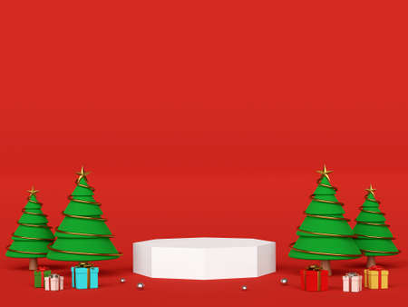 Scene of podium with Christmas tree for product advertisement, 3d renderingの写真素材