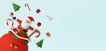 Merry Christmas and Happy New Year, Santa Claus pop out of the gift bag, 3d renderingの写真素材