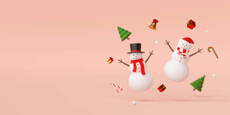 Merry Christmas and Happy New Year, Snowman with Christmas decoration, 3d renderingの写真素材