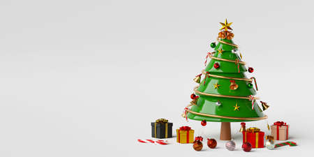 Merry Christmas and Happy New Year, Christmas tree with gifts and Christmas decorations, 3d renderingの写真素材