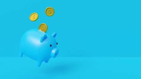 Money Savings Concept, Putting a coin into Piggy bank, Banner background with copy space, 3d renderingsの写真素材