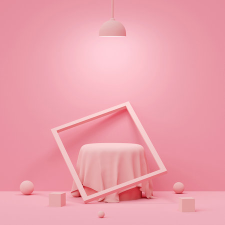 Scene of pastel color with geometric shape podium with lamp on pink background, 3d renderingの写真素材