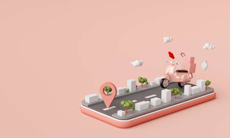 E-commerce concept, Delivery service on mobile application, Transportation or food delivery by scooter, 3d renderingの写真素材