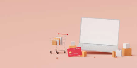 Shopping online on laptop concept, 3d renderingの写真素材