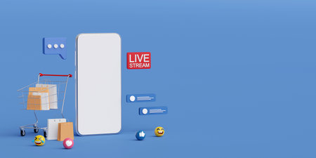 Live streaming on social media for selling or shopping on smartphone, 3d renderingの写真素材
