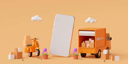 E-commerce concept, Delivery service on mobile application, Transportation delivery by truck or...