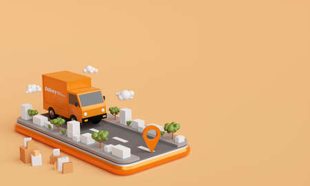 E-commerce concept, Delivery service on mobile application, Transportation delivery by truck, 3d...