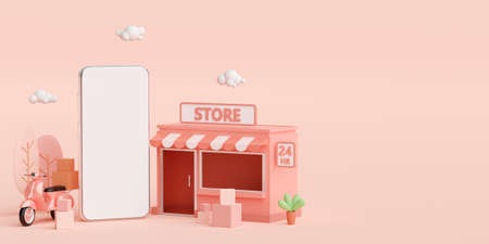 E-commerce concept, Convenience store shopping online and delivery service on mobile application, 3d illustrationの写真素材