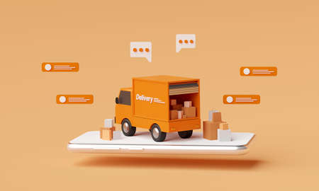 E-commerce concept, Delivery service on mobile application, Transportation delivery by truck, 3d renderingの写真素材
