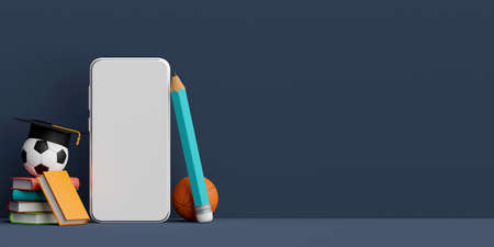 Education online concept, Banner of Smartphone with education supplies, 3d Illustrationの写真素材